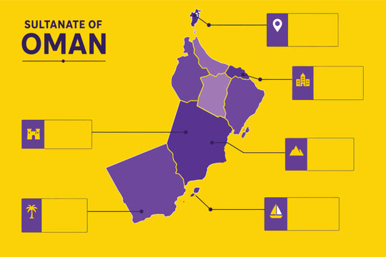 Vibrant vector illustration of the sultanate of oman map with blank infographic boxes for data