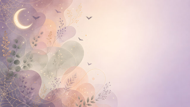 Soft pastel watercolor Halloween background banner with crescent moon and bats