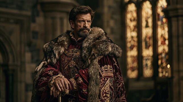 Europe medieval lifestyle. A portrait of a man, likely a king or nobleman, standing in a grand cathedral. He wears a richly embroidered robe with intricate gold and red patterns and a furlined collar.