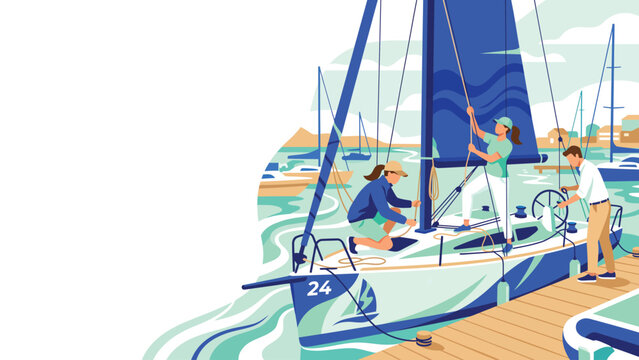 Three friends preparing a sailboat at a sunny marina dock.