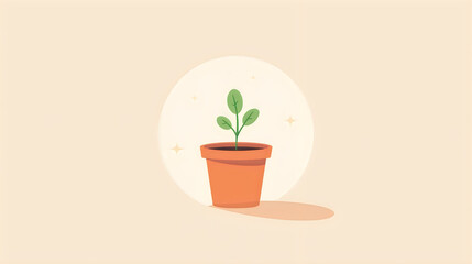 Fototapeta premium Close-up of a small green plant sprouting in a terracotta pot on a neutral background