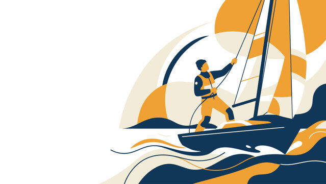Stylized illustration of a windsurfer riding dynamic ocean waves in vibrant colors.