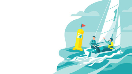 Two sailors racing a small sailboat past a yellow buoy on stylized ocean waves. © Kyle