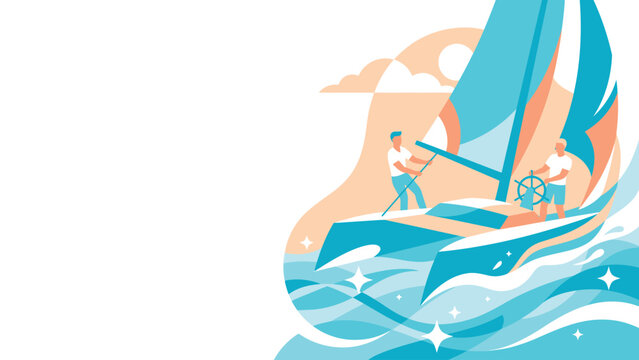 Bright minimalist illustration of a sailboat with people enjoying summer waves.