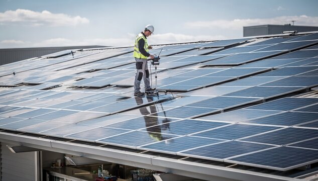 Daytime medium shot focusing on the concession roofs solar panels with a technician inspecting the system for optimal performance.