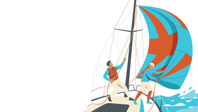 Sailor adjusting colorful spinnaker on a racing yacht.