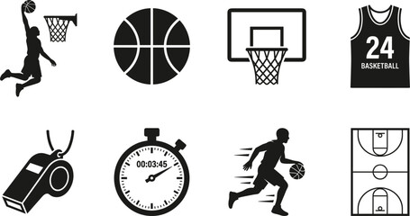 Basketball Sports Black Silhouette Icon Collection Featuring Player Slam Dunking Dribbling Ball Hoop Jersey Whistle Stopwatch and Court Layout Graphic Elements © rumi