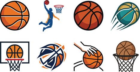 Basketball Sports Color Icon Set Featuring Slam Dunk Player Dynamic Fast Flying Balls Hoop Nets and Dribbling Hand Graphic Vectors for Athletic Designs © rumi