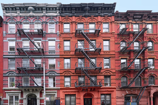 East Village area of Manhattan, colorful old apartment buildings with ornate roof cornice
