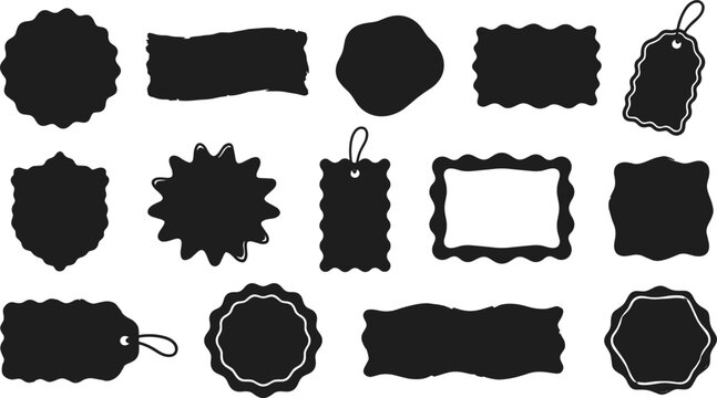 Hand Drawn Vintage Black Label Shapes and Hanging Price Tag Silhouettes Bundle with Scalloped Frames and Wavy Blank Stickers for Organic Packaging Designs