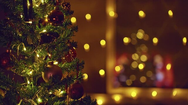 Decorated Christmas Tree With Warm Golden Lights Beside a Window Reflecting a Cozy Fireplace, Festive Holiday Home, Shallow Depth of Field and Winter Comfort