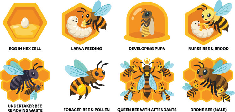 Educational vector set showing honey bee life cycle stages and colony roles for biology and nature infographics