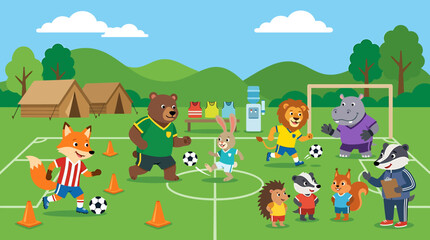 Naklejka premium Cute cartoon animals playing soccer match on a green field in summer camp.