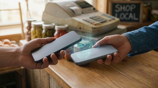peer to peer NFC transfer concept. Two people exchanging mobile payment at a local shop counter