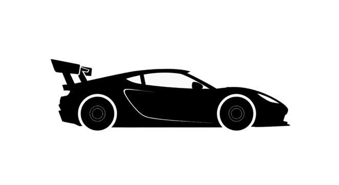 Minimal black silhouette icon, simple flat vector, bold black shape, no gradients, no shading black silhouette of a modern sports car with a large rear wing on a, flat icon style
