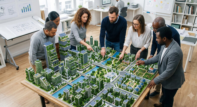 City planners pointing at a large physical 3D architectural model of a futuristic green city covered in vertical gardens