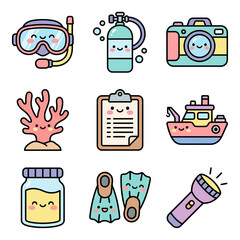 Smiling scuba diving equipment cartoon set. © Maya