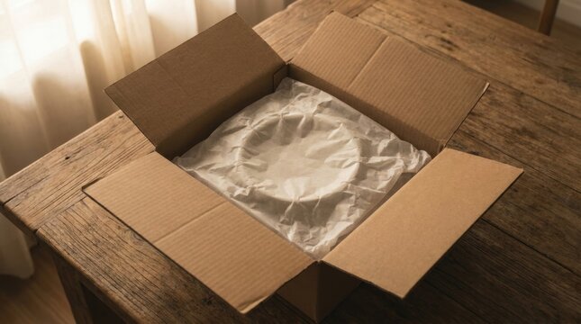 Open cardboard box on wooden table with crumpled paper inside