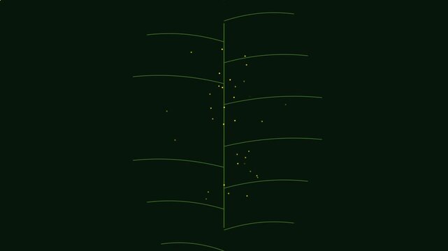 Minimalist abstract data visualization with glowing particles and green lines on dark animation 4k background