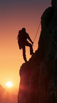 Outdoor adventure explore. A silhouette of a climber ascends a steep cliff at sunset. The climber wears a helmet, backpack, and harness, and holds onto a rope for support.