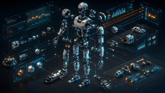 Isometric Blueprint of Autonomous Humanoid Joint Mechanics | Futuristic Robotics Engineering Technical Illustration