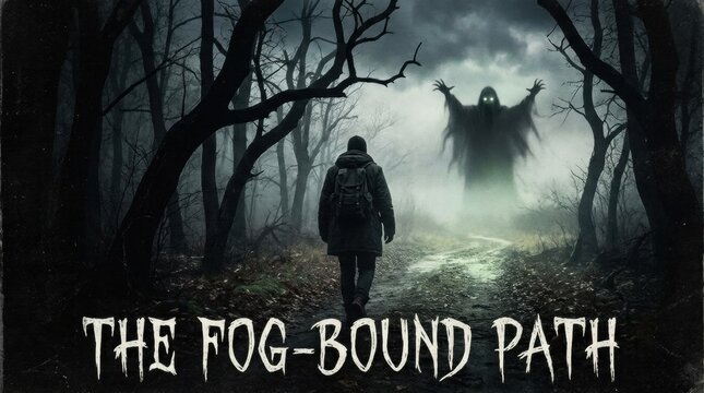 Man walks down foggy forest path towards ghostly figure