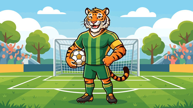 Cartoon tiger mascot wearing a soccer uniform standing on a field with a ball.