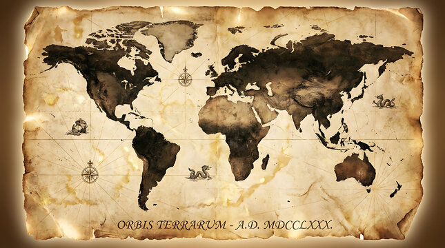 Vintage world map on old parchment with compass roses and navigation marks transparent background