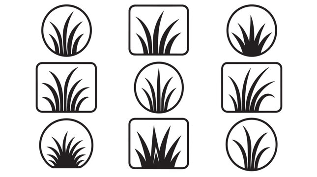 Set of black grass icons inside circle and square frames