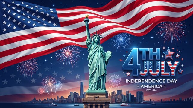 Patriotic illustration of statue of liberty with american flag and fireworks on 4th of july