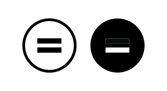 Minimal black silhouette icon, simple flat vector, bold black shape, no gradients, no shading equal sign icons, black and white circular buttons on a, flat icon style