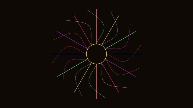Minimalist abstract motion with rotating colorful radial lines on animation 4k black background rotation