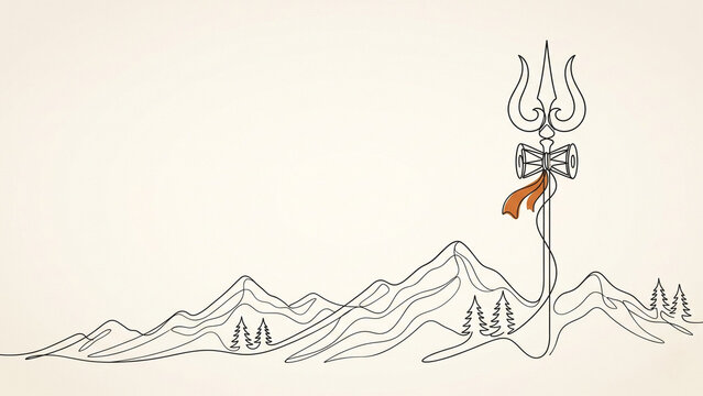 Lord Shiva Trishul with Saffron Flag on a Himalayan Peak