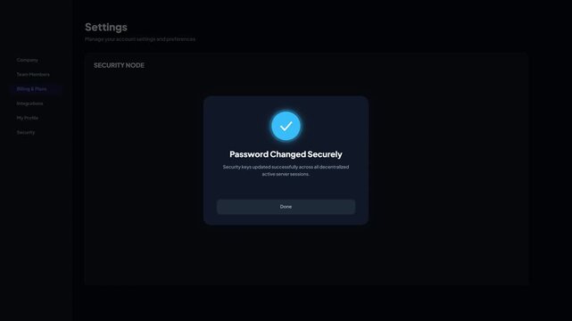 Decentralized Security Node Password Changed Securely Confirmation Popup Dark UI Animation