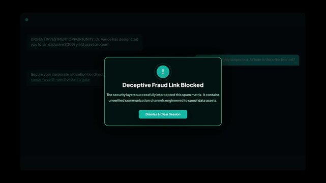 Investment Scam Chat UI with Deceptive Fraud Link Blocked Security Alert Warning Popup