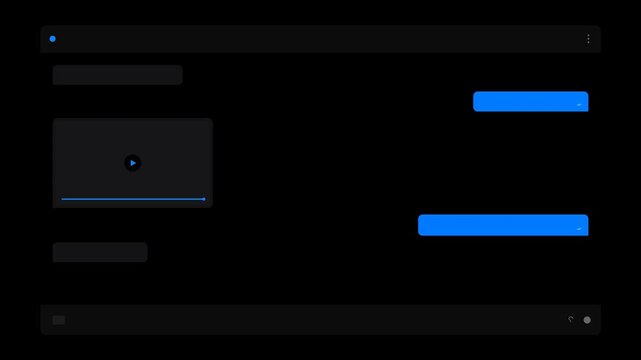 Dark mode streaming application interface featuring a video player frame panel and blue interactive communication chat bubbles