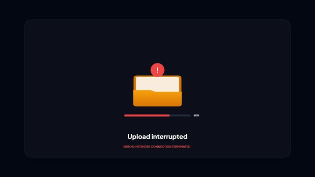 Interrupted Data Upload Animation with Error Message and Interrupted Progress Bar
