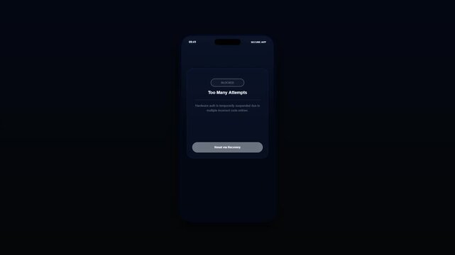 Dark theme app locker mobile user interface displaying a blocked screen due to too many passcode attempts mockup