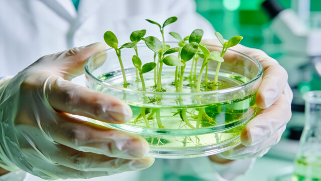Scientist hands in gloves holding petri dish with young green plant sprouts in liquid nutrient solution for biotechnology and genetic research.