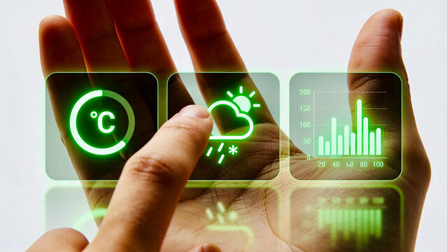 User touching futuristic green holographic weather interface on open hand palm with temperature forecast and climate data analytics chart.