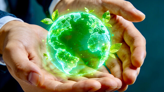 Businessman hands holding a glowing green digital earth hologram with fresh leaves for environmental protection and sustainable development concept.