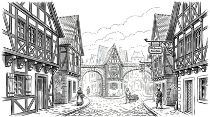 Medieval Town Street Scene with Half-Timbered Houses and Archway © Danang