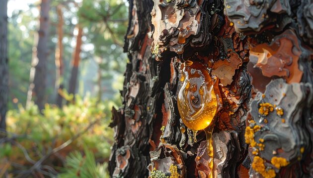 Close-up of a pine tree's textured bark and golden sap, with a blurred forest in the background on a sunny day