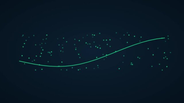 Minimalist green wave line animation with floating particles on dark 4k background, abstract