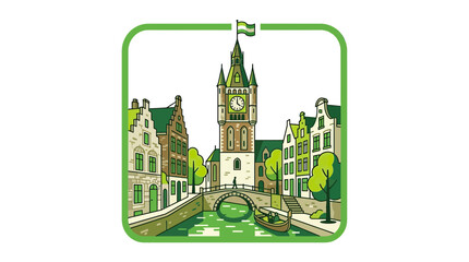 Obraz premium Charming European Canal Town with Clock Tower and Bridge - Green Palette