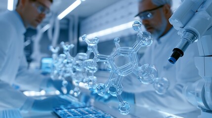 Fototapeta premium Pharmaceutical research laboratory with scientists analyzing transparent molecular structures, futuristic medicine development