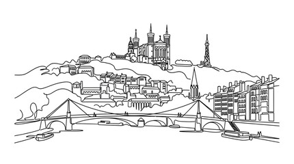Fototapeta premium Lyon Skyline Sketch: Fourvière Basilica, Bridge, and Saône River