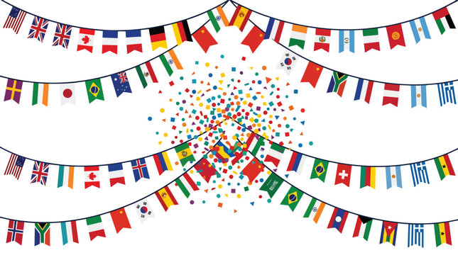 International flag buntings and festive confetti burst in a vibrant flat vector design for global championship branding