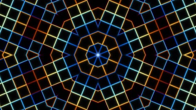Colorful geometric pattern with bright neon lines in circular design
