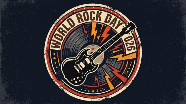 Vintage electric guitar icon with lightning bolts for world rock day
